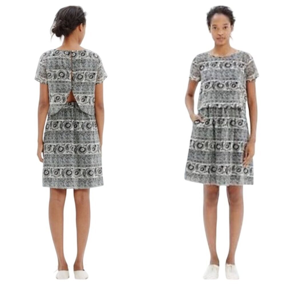 Madewell Black & White Paisley Open Back Blouson Silk Dress Size 8